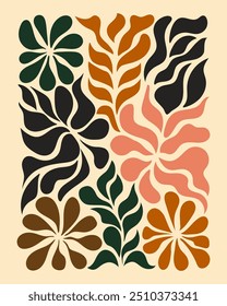 Groovy cartazes de flores abstratas. Padrões florais de rabiscar. Conjunto de vetores da moda. Ilustração vetorial.
