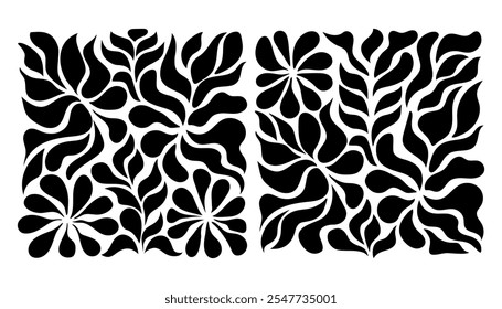 Groovy abstract flower square posters. Floral doodle patterns. Trendy vector set.