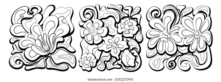 Groovy abstract flower square posters. Floral doodle patterns. Trendy vector set.