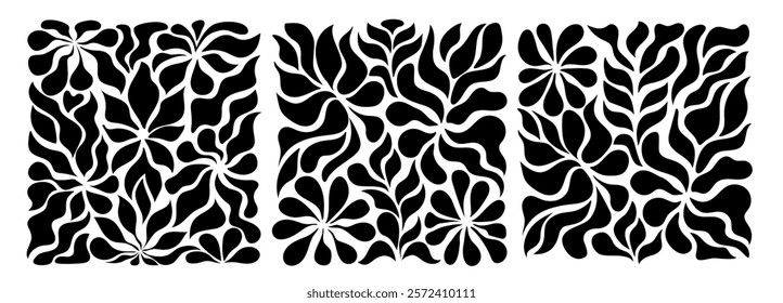 Groovy abstract flower square posters. Floral doodle patterns. Trendy vector set.