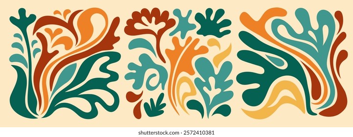 Groovy abstract flower square posters. Floral doodle patterns. Trendy vector set.