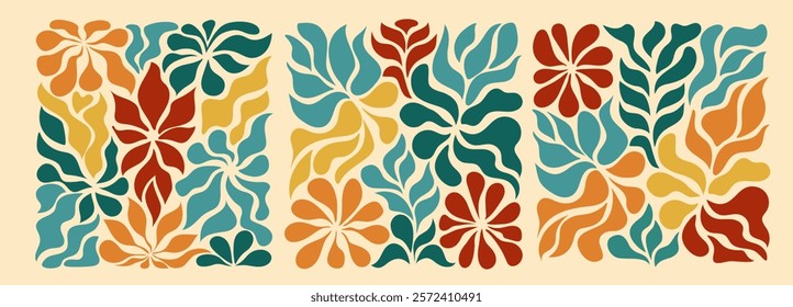 Groovy abstract flower square posters. Floral doodle patterns. Trendy vector set.