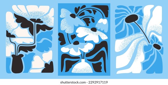 Montaje de afiches de flores abstractas y groovy. Matisse las flores abstractas. Ilustración moderna naive groovy vectorial con patrones florales botánicos de moda.