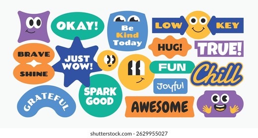 Groovy abstract funny stickers, patch, badges. Colorful quotes word gen z and millenials Y2k style art.