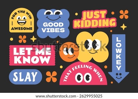 Groovy abstract funny stickers, patch, badges. Colorful quotes word gen z and millenials Y2k style art.