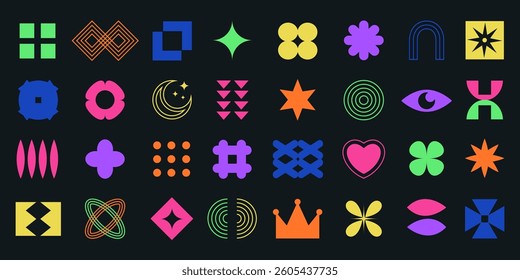 Groovy abstract geometric shapes set. Brutalist contemporary shapes, y2k retro design elements collection. Funky geometric minimal figures and shapes for banner, poster, sticker, websites