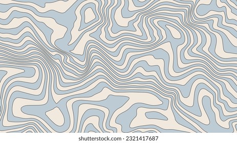 Groovy abstract horizontal background with beige and blue waves. Trendy vector illustration in retro style 60s, 70s. Cool stripped psychedelic backdrop.