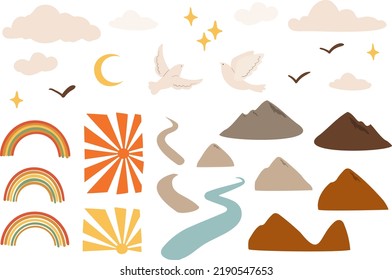 Groovy abstract landscape creator clipart, Set of colorful abstract shapes, mountains, clouds, rainbows, birds, mushrooms, flowers, butterflyes clip art, Vector illustration in flat style.