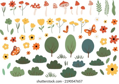 Groovy abstract landscape creator clipart, Set of colorful abstract shapes, mountains, clouds, rainbows, birds, mushrooms, flowers, butterflyes clip art, Vector illustration in flat style.