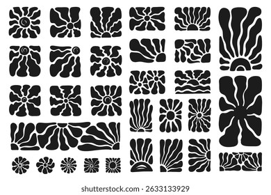 Groovy abstract organic art set. Sunburst doodle shapes in trendy naive retro hippiestyle. Contemporary black and white solar cut-outs. Perfect for posters, branding, and design templates.