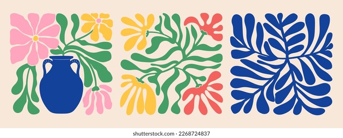 Groovy abstract organic plant shapes art set. Matisse floral posters in trendy retro 60s 70s style.