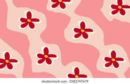 Groovy abstract pattern with hand drawn flowers and wavy stripes. Funky abstract backgrounds in 60-70s hippie style. Simple floral horizontal design.