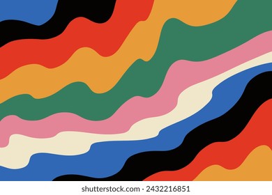 Groovy abstract pattern of wavy colorful lines as red, orange, yellow, green, blue, indigo, and black colors. Retro dynamic and vibrant texture