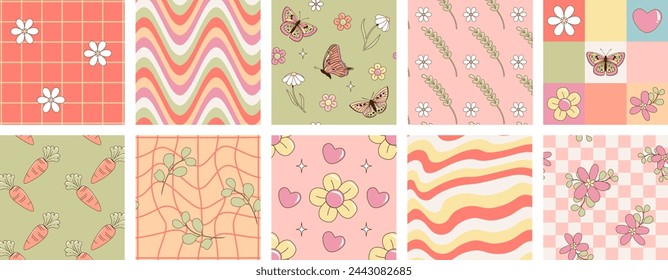  Groovy abstract patterns. Romantic backgrounds in retro 60s style with mesh, lines, squares,butterflies, flowers, carrots and hearts. Vector illustrations for wrapping, textile, posters, social media