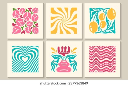 Afiches abstractos de groovía con fruta de limón, flores, olas, torbellino y torrencial en matisse de estilo mínimo. Diseño retro-trippy de moda de telares florales. Pancartas con flores, plantas o huellas