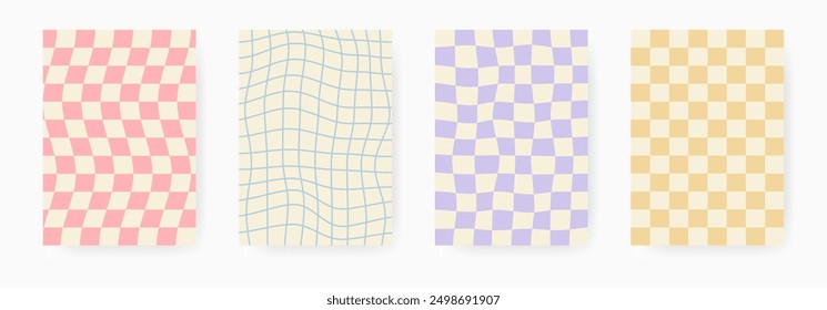 Groovy abstract psychedelic colorful checkered poster set. Chess board pattern 60s-70s. Y2K wallpapers in cage. Hippie retro vector design