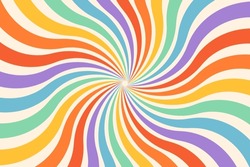 Groovy Abstract Rainbow Swirl Background. Retro Vector Design In 1960-1970s Style. Vintage Sunburst Backdrop. Colorful Summer Hippie Carnival Illustration.