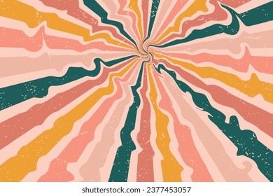 Groovy abstract rainbow swirl background. Retro 1960s and 1970s vector design style. Sun and rainbow swirl pattern,   textured wavy shapes design, banner, 