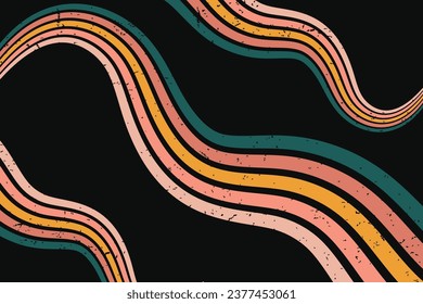 Groovy abstract rainbow swirl background. Retro 1960s and 1970s vector design style. Sun and rainbow swirl pattern,   textured wavy shapes design, banner, 