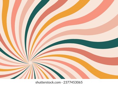 Groovy abstract rainbow swirl background. Retro 1960s and 1970s vector design style. Sun and rainbow swirl pattern,   textured wavy shapes design, banner, 