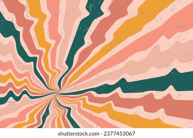 Groovy abstract rainbow swirl background. Retro 1960s and 1970s vector design style. Sun and rainbow swirl pattern,   textured wavy shapes design, banner, 