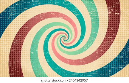 Groovy abstract rainbow swirl background. Retro grunge vector design in 1960-1970s style. Vintage sunburst backdrop. Natural colors summer hippie carnival