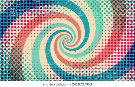 Groovy abstract rainbow swirl background. Retro grunge vector design in 1960-1970s style. Vintage sunburst backdrop. Natural colors summer hippie carnival