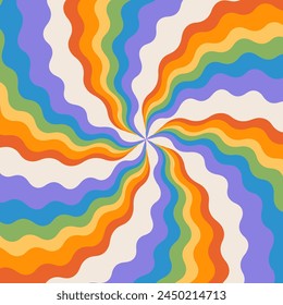 Fondo arcoíris abstracto estupendo del remolino con los rayos ondulados concéntricos rayados. Diseño de Vector retro al estilo de los años 60-70. Fondo de Antiguas. Ilustración colorida del carnaval hippie del verano