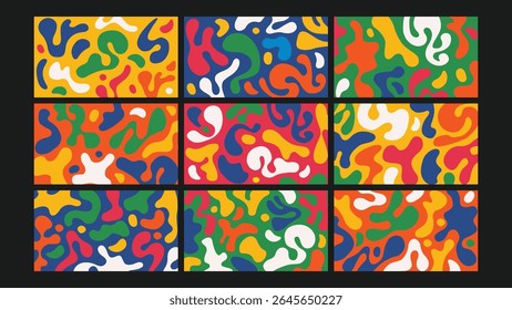 Groovy abstract shapes in retro colors with flowing lines and organic curves, perfect for trendy and playful graphic backdrops with a vintage spirit.