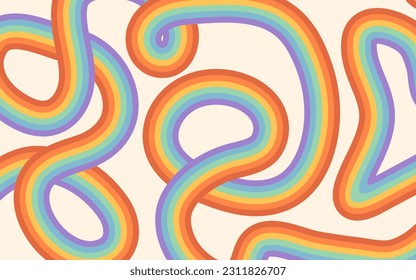 Groovy abstract vector hand drawn background with copy space and rainbow colored stripes. Trendy panoramic template for design banner, advertisements, presentations, discounts, sale, social media.