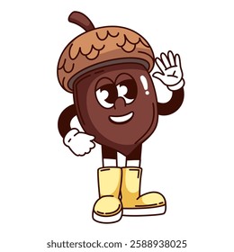 Groovy acorn cartoon character waving hand. Funny retro acorn in autumn yellow rubber boots greeting. Forest camping, woods mascot, cartoon nut of oak sticker of 70s 80s style vector illustration