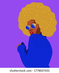 Groovy African American lady in cool chic style with golden hair and blue outfit retro colorful vector illustration