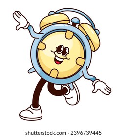 Ilustración vectorial del carácter de reloj de alarma Groovy. Caricatura aislada retro comic time sticker de ejecución de reloj viejo con campana y cara alegre graciosa, loco emoticono de temporizador vintage tarde para el trabajo o la escuela