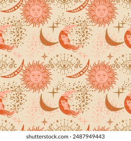 Groovy Alchemy pattern with Sun and Moon and eyes. 60s hippie background.