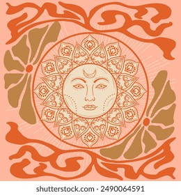 Groovy Alchemy poster with Sun and Flowers. 60s hippie background.