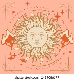 Groovy Alchemy poster with Sun and Mushrooms. 60s hippie background.