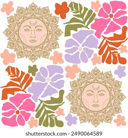 Groovy Alchemy seamless tile pattern with Sun and Flowers. 60s hippie background.