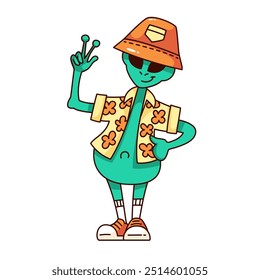 Groovy alien cartoon character in beach clothes. Funny retro green monster in bucket hat and shirt with floral pattern. Space mascot, cartoon alien tourist sticker of 70s 80s style vector illustration