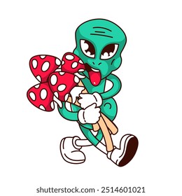 Groovy alien cartoon character carrying bunch of trippy mushrooms. Funny retro green creature holding fly agarics and walking. Hallucination mascot, cartoon sticker of 70s 80s vector illustration