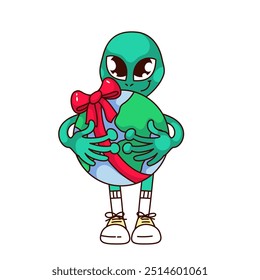 Groovy alien cartoon character holding planet Earth with red ribbon bow. Funny retro green monster with gift. Space mascot, cartoon aliens present sticker of 70s 80s style vector illustration