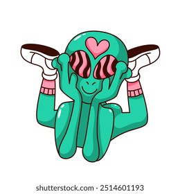 Personaje de dibujos animados alienígena Groovy con corazón rosa y patrón psicodélico en los ojos. Divertido monstruo verde retro en el amor. Mascota del espacio, etiqueta engomada amorosa de la mirada de los extraterrestres de la historieta de la Ilustración vectorial del estilo de los años 70 80