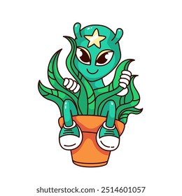 Groovy alien cartoon character sitting in pot with green plant. Funny retro UFO astronaut with sneakers and star on head. Space mascot, cartoon alien sticker of 70s 80s style vector illustration
