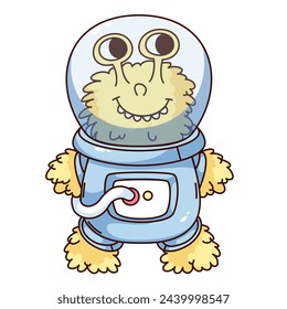 Groovy alien cartoon character in spacesuit. Funny retro astronaut UFO smiling with teeth, alien civilization and space mascot, cartoon funky creature sticker of 70s 80s style vector illustration
