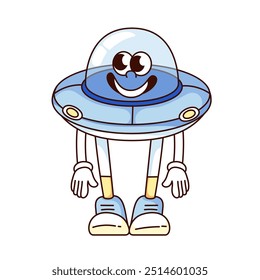 Groovy alien spaceship cartoon character with funky smile. Funny retro round blue UFO with lights standing and smiling. Space mascot, cartoon alien ship sticker of 70s 80s style vector illustration