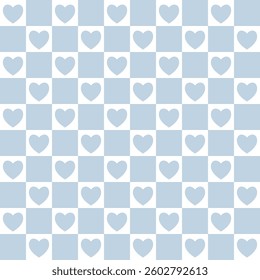 Groovy allover print with hearts and rectangles. Checkerboard seamless pattern with geometric shapes. Colorful vector background in retro style, Valentine day and love. Vintage 60s hippie aesthetic