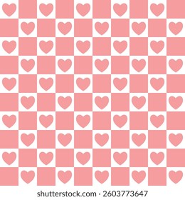 Groovy allover print with hearts and rectangles. Checkerboard seamless pattern with geometric shapes. Colorful vector background in retro style, Valentine day and love. Vintage 60s hippie aesthetic