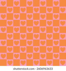 Groovy allover print with hearts and rectangles. Checkerboard seamless pattern with geometric shapes. Colorful vector background in retro style, Valentine day and love. Vintage 60s hippie aesthetic
