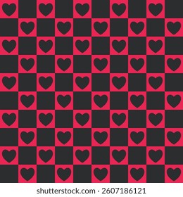 Groovy allover print with hearts and rectangles. Checkerboard seamless pattern with geometric shapes. Colorful vector background in retro style, Valentine day and love. Vintage 60s hippie aesthetic