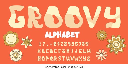 Groovy alphabet font in vintage hippy style. Retro 60s 70s psychedelic design alphabet. Vintage 70s wavy background. Psychedelic swirl groovy letters