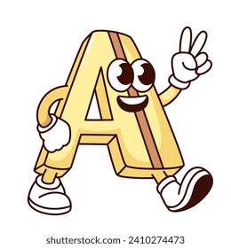 Groovy A alphabet letter cartoon character with hippie peace gesture. Funny retro font mascot with happy face walking, cartoon hippy yellow A letter, typography sticker of 70s 80s vector illustration